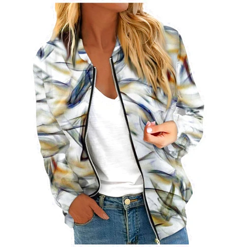 FlekmanArt Women's Casual Zip Up Bomber Jacket Spring Long Sleeve Coat Stand Collar Lightweight Short Outwear Tops