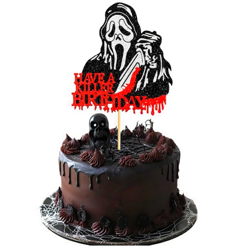 LcingTify 1 PCS Have a Killer Birthday Cake Topper Glitter Ghost Face Cake Toppers Horror Halloween Party Decorations for Have a Killer Theme Baby Shower Kids Birthday Party Cake Decorations Supplies
