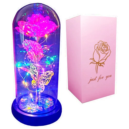 AUSAYE Valentines Day Gifts for Her,Women's Gift Butterly Birthday Gifts,Colorful Rose Led Preserved Rose Gift Flower,Last Forever Rose in A Glass Dome, Unique Gift for Her, Mom,Grandma Rose