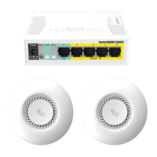 Mikrotik RB260GSP switch PoE injector, Gigabit + RBcAP2nD Access Point PoE (x2)
