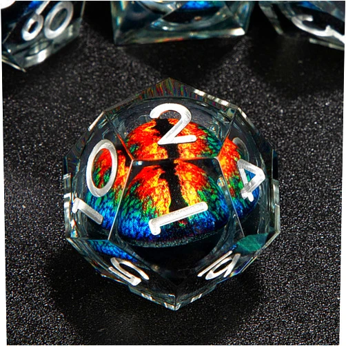 QuestDiceForge DND Resin Dice Set Dragon Eye Liquid Core 7 Pieces with Sharp Edges and Handmade Craft Gift Box Included for Dungeons and Dragons (Black- Orange)