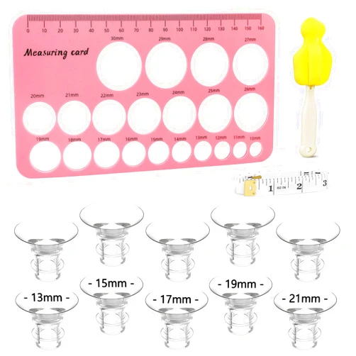 MomAider Flange Sizer Kit, 10PCS Flange Inserts 13/15/17/19/21mm with Nipple Measuring Ruler Cleaning Brush, Silicone Breast Pump Flange Sizing Measurement Tool, Breastfeeding Essentials for 24mm Most Pumps