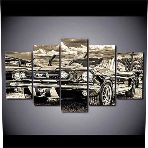 HAO SHUN DA Modular HD Print Artwork Modern Sports Car Poster Home Decor Wall Art 5 Pieces Pictures 1965 Ford Mustang Canvas Painting (12x16in*2 12x24in*2 12x32in*1(Frame))