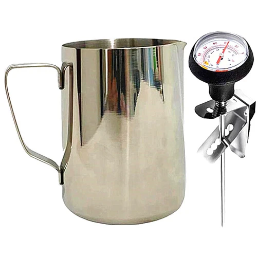 UZER Milk Frothing Pitcher with Thermometer for Steaming Milk, 21oz Stainless Steel Milk Frother Cup, Coffee Bar Espresso Machine Accessories Barista Tools, Milk Jug,Latte Art Pen with Thermometer