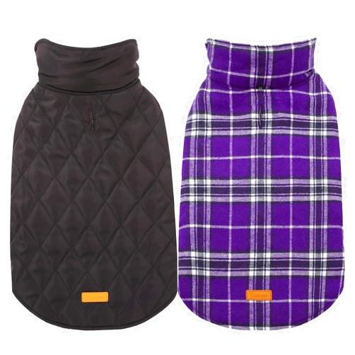 Kuoser Warm Dog Coat, Reversible Dog Jacket Waterproof Dog Winter Coat British Style Plaid Dog Clothes Pet Dog Cold Weather Coats Cozy Snow Jacket Vest for Small Medium Large Dogs Purple 3XL