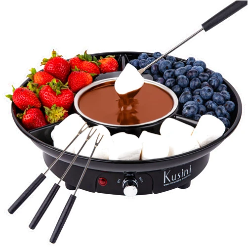 Kusini Electric Fondue Pot Set - Chocolate Fondue Kit - Temperature Control, Detachable Serving Trays, & 4 Roasting Forks - Gift Set & Date Night Idea. Serve at Movie Night or Game Night.