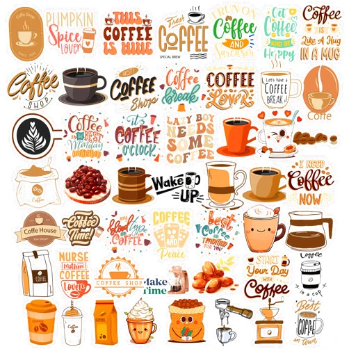 Dorgua 50Pcs Coffee Themed Stickers, Non-Repetitive Coffee Vinyl Stickers, Coffee Enthusiasts Stickers Waterproof Stickers for Water Bottle Laptop Scrapbook Decor Party Favors Birthday Gifts