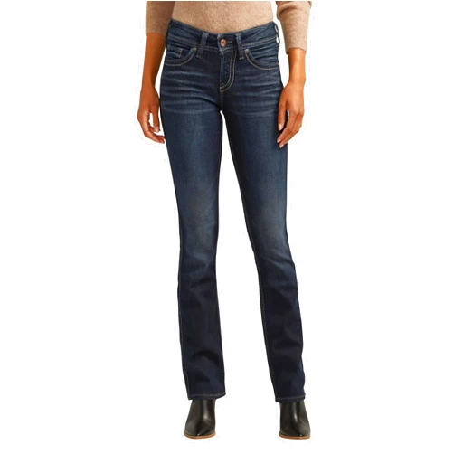 Silver Jeans Co. Women's Suki Mid Rise Curvy Fit Slim Bootcut Jeans, Grey Dark Indigo Rinse, 27W x 33L