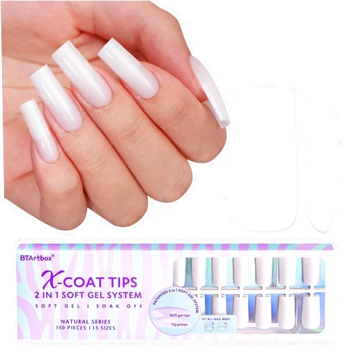 btartboxnails Square Gel Nail Tips Long - Pre Colored Milky White Soft Gel Nail Tips, Milky White Press on Nails, Natural XCOATTIPS Pre Applied Tip Primer
