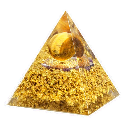 mookaitedecor Tiger's Eye Crystal Orgone Pyramid with Amethyst Tumbled Stones and Crown Chakra Symbol Orgonite Energy Generator for Protection Yoga Meditation