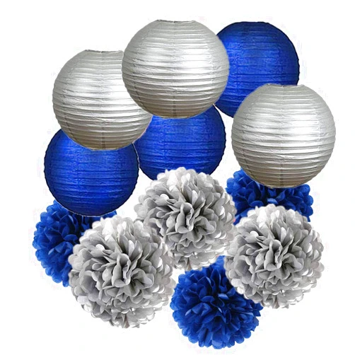 MRMSLI 12PCS Navy Blue Silver Party Decoration Tissue Pom Poms Paper Lanterns Boys Birthday Party Set,Boy Baby Shower， Father Day Bachelor Party，Wedding， Baby Shower，Bridal Shower，Room Decoration