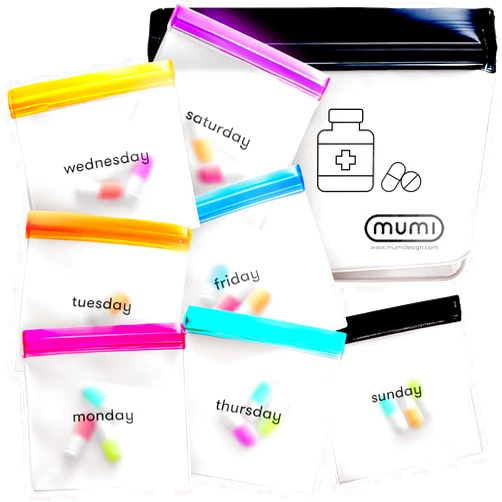 Mumi Pill Pouch Set - 7 Mini Zip Medicine Pill Organizers, Color-Coded Pouches Reusable Travel Bags for Vitamins and Small Items - Portable Daily Organizer