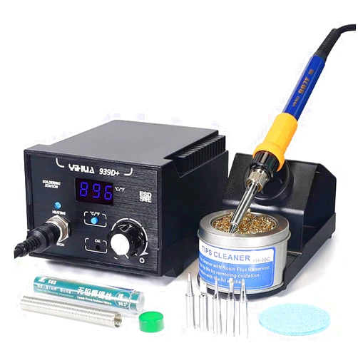 YIHUA 939D+ Digital Soldering Station, 75 Watt Equivalent with Temperature Control, °C/°F Display. ESD safe for Electronics. Aluminum Panel (Resists Burn). Solder Tips, Lead-free Solder & Extras