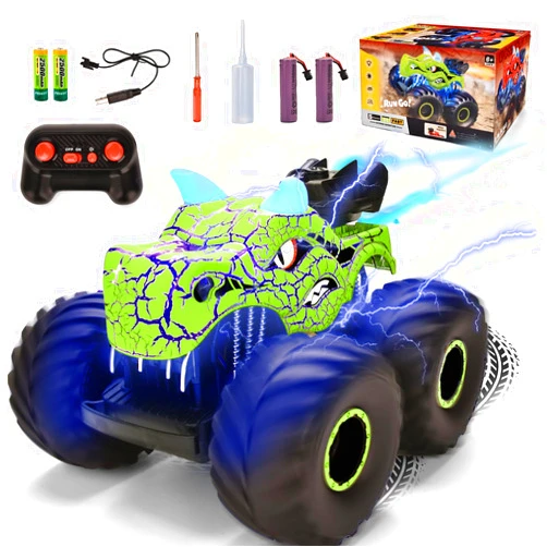 Onadrive Remote Control Dinosaur Car Toys for Kid Boys, 2.4GHz RC Monster Truck Toys with Spray, Light, Sound, All Terrain Rechargeable Electric RC Car Toy, Gifts for 4-7 8-12 Kids (Green)