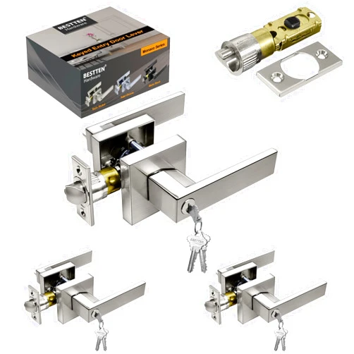 BESTTEN [3 Pack] Monaco Series Satin Nickel Keyed Alike Entrance Door Lever with Removable Latch Plate, All Metal Square Bedroom Entry Door Handle for Commercial and Residential Use