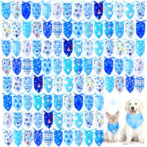 Abbylike 100 Pieces Winter Dog Bandanas Bulk Blue Snowflake Dog Bandanas for Pets Triangle Kerchief Scarf Bibs for Winter Pets Cats Party Costume Accessories