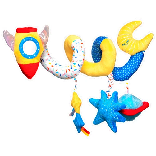 Manhattan Toy Space Themed Rocket Soft Baby Travel Spiral with Baby-Safe Mirror, Elastic Pull Cord & Rattle Chime