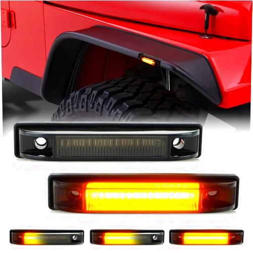 D-Lumina Fender Flare Side Marker Lights Smoked Lens Sequential Amber for Je-ep Wrangler TJ JK JL Bushwacker Flat Style Fender Flares, Front Fender Turn Signal Lamp Powered by 18-SMD LED, Pack of 2