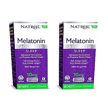 Natrol Melatonin Advanced Sleep Tablets with Vitamin B6, Helps You Fall Asleep Faster, Stay Asleep Longer, 2-Layer Controlled Release, 100% Drug-Free, 10mg, 60 Count - 2 Pack