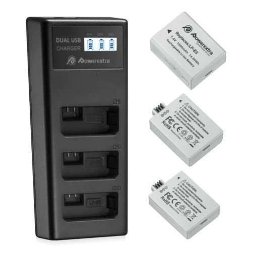 Powerextra 3-Pack LP-E5 Battery and Smart LCD Display Compatible with Canon LP-E5 Battery and Canon Rebel XS Rebel T1i Rebel XSi 1000D 500D 450D Kiss X3 Kiss X2