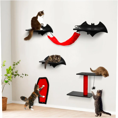 Petsinurarea Gothic Cat Wall Shelves 6 Pcs Wall-Mounted Cat Climber Set Cat Tree Bed with Bridge Ladder Steps Scratching Board Posts Hanging Spider Toy Cat Condo Furniture for Cats