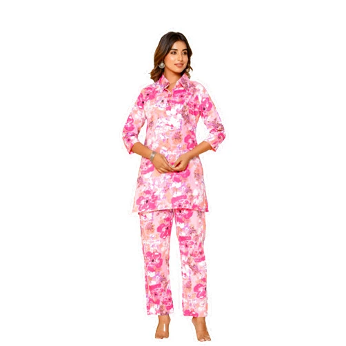 Vi VIHAAN IMPEX Women's Floral Print Cotton Cord Set, 3/4 Sleeves, Straight Leg Pants, Pink (US, Alpha, Medium, Regular, Regular, Pink)