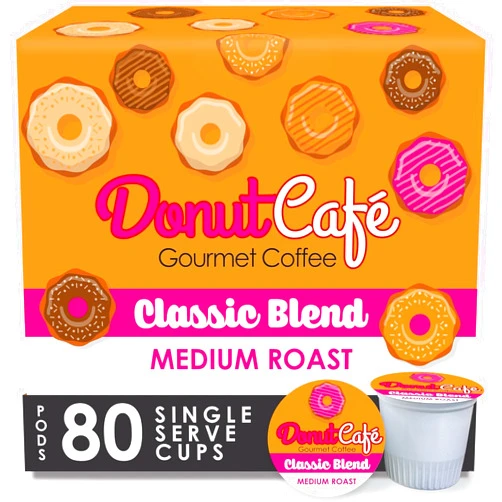 Donut Café - Coffee Gourmet Pods, Classic Blend, Medium Roast – Non-GMO, Gluten Free – Compatible with Keurig K Cup Brewers – Smooth & Delicious – 80 Count