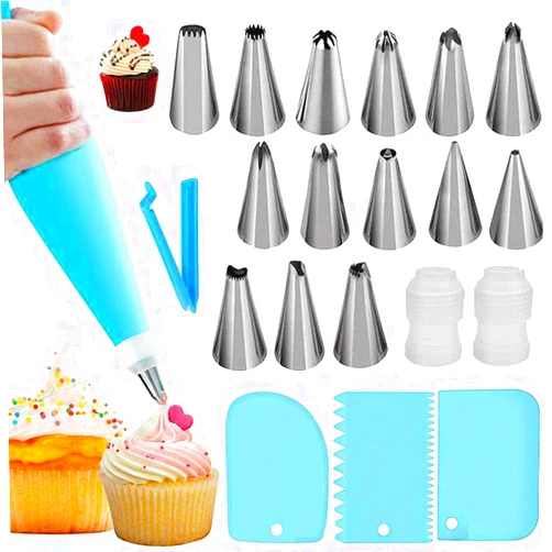 Zittop 21 Pcs Cake Piping Set for Baking with Reusable 1 Piping Bags, 14 Icing Tips,1 Clip,2 Standard Converters and 3 Scrapers, Cake Baking Tools for Cookie Icing Cupcakes