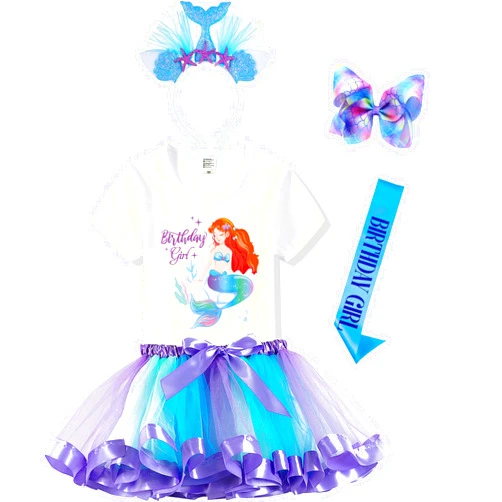 Tutu and Sian Mermaid Outfit Set – Shirt, Rainbow Tutu Dress, Satin Sash, Headband – Birthday Gifts for Girls Costume