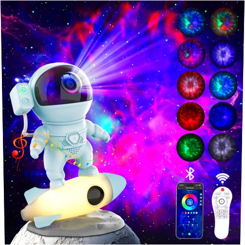 FlyEagle Astronaut Galaxy Projector, Star Projector Rocket Night Light for Kids Room, 360° Adjustable Magnetic Head, Bluetooth Speaker, Timer, White Noise with Remote APP Button Control Idea for Gift