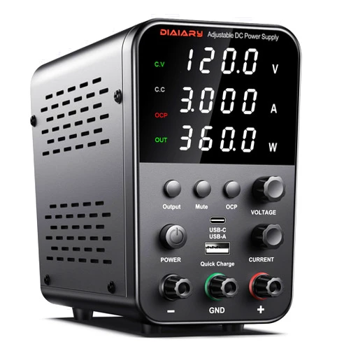 DIAIARY DC Power Supply Variable, 120V 3A Bench Power Supply with Encoder Knob, 4-Digits Display, Adjustable Regulated lab Power Supply with 5V 3.6A USB & Type-C Quick-Charge, Output Switch