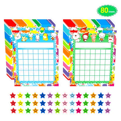 REGELETO 80 Pack Classroom Incentive Chart for 2 Designs with 2400 Pieces Colorful Star Stickers for Students Classroom Teaching or Family Using