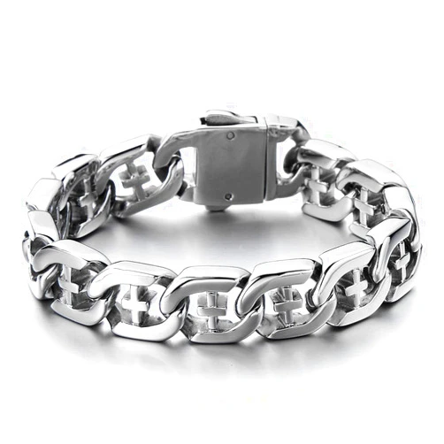 COOLSTEELANDBEYOND Men's Stainless Steel Curb Chain Bracelet with Cross Silver Color High Polished