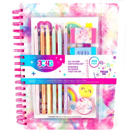 3C4G Tie Dye Pastel All-in-1 Sketchbook Set - Sketch Book for Kids with Pencils, Stickers & More - Drawing Kit for Kids - Unlined Diary for Girls - Kids Sketch Pad by Make It Real