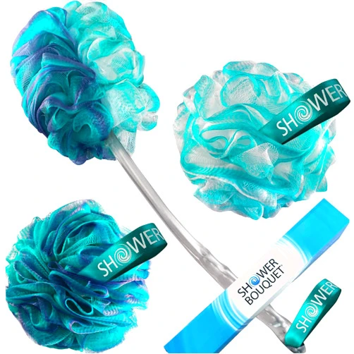 SHOWER BOUQUET 2-Sided-Loofah-Back-Scrubber & Bath-Sponge Set // 1-Long-Handle-Back-Brush Plus 2-Extra-Large 75g Soft Mesh Poufs, Men & Women - Exfoliate with Full Pure Cleanse in Bathing Accessories