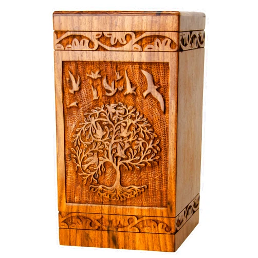 INTAJ Handcarved Wooden Cremation Urn for Human Ashes - Tree of Life Design, 180 lbs Capacity, Suitable for Adult Men and Women - Decorative Funeral Urn Box and Casket - Wooden Carved Box