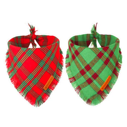 ADOGGYGO Christmas Dog Bandanas with Tassels, Red Green Plaid Pet Xmas Scarf Bib, Multiple Sizes, Christmas Bandana for Small Dogs Puppies (Small)