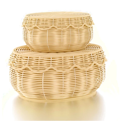 Olpchee Wicker Storage Basket with lid Hand Woven Rattan Basket Small Scalloped Basket Set of 2 Woven Baskets for Storage Nursery, Baby, Clothes, Toys, Diapers