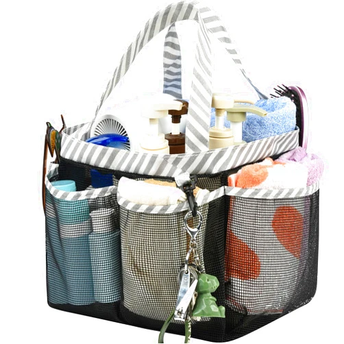Haundry Mesh Shower Caddy Bag, Large College Dorm Bathroom Caddy Organizer with Key Hook and 2 Oxford Handles, 8 Basket Pockets, Portable Hanging Caddy Bag for Camping Gym
