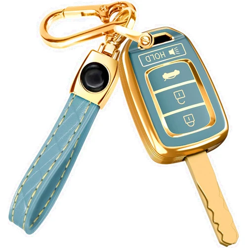 Lucrum Honda Civic Key Fob Case and Leather Keychain - Full Cover Key Case for Honda Accord, CR-V, HR-V - 2014-2022 TPU Keyfob Cover Compatible with MLBHLIK6-1T - Blue and Gold