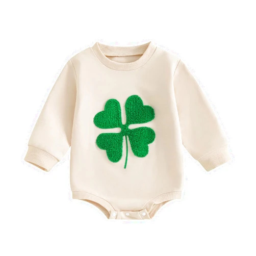 Lesimsam Newborn Baby Boy Girl St. Patrick's Day Outfit Clover Embroidery Sweatshirt Romper Oversized Long Sleeve Onesie Top