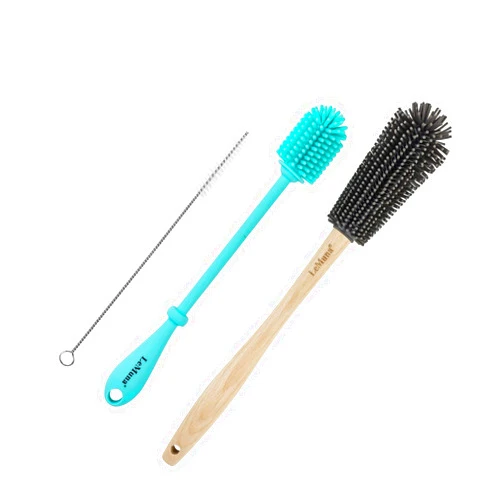 LeMuna Water Bottle Cleaner Brush Set (Silicone Bottle Brush & Wooden Handle Silicone Bottle Brush) with Straw Brush for Narrow Neck Containers, Hydro Flask, Sports Bottle, Glassware