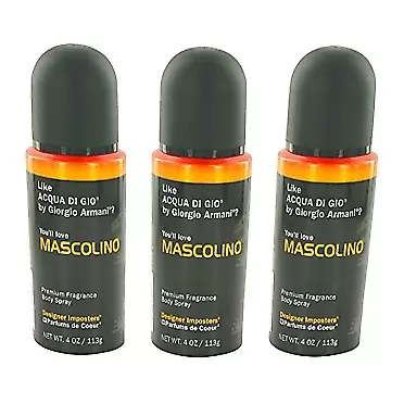 Parfums De Coeur Designer Imposters Mascolino by Parfums De Coeur Body Spray 4 oz for Men (SET OF 3)