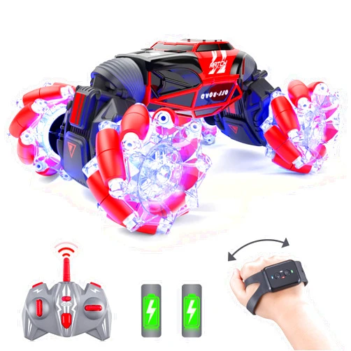 Powerextra LED Remote Control Car, 4WD 2.4GHz Gesture Sensing Rc Stunt Car, Double Sided 360°Rotating Transform Off Road Car with Light, Toy Cars for 6-12 Year Old Boys & Girls - Red