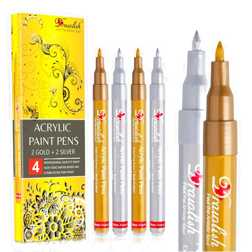 Drawlish Acrylic Paint Pens - Permanent Markers 2 Gold Pens & 2 Silver Paint Marker Pens Set of 4 Acrylic Pens 0.7mm Extra Fine Tip - Ideal for Rock Painting, Fabric, Glass, Wood, Canvas, Ceramic, Porcelain
