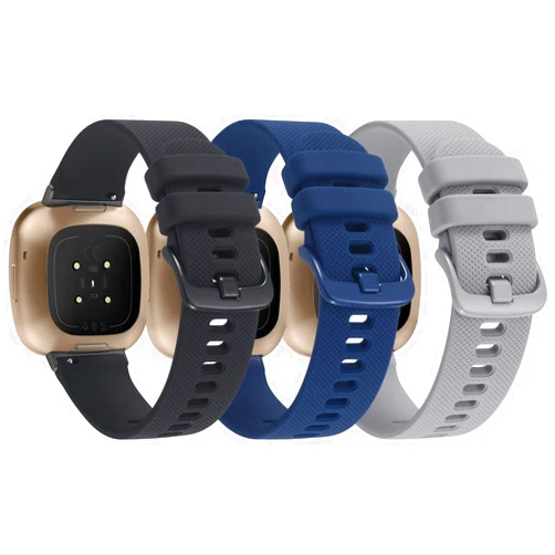 VOMA 3-Pack Sport Bands Compatible with Fitbit Versa 4/Versa 3/Sense 2/Sense Band, Classic Soft Silicone Replacement Wristband Strap Accessories for Women Men(Black/Midnight Blue/Gray)