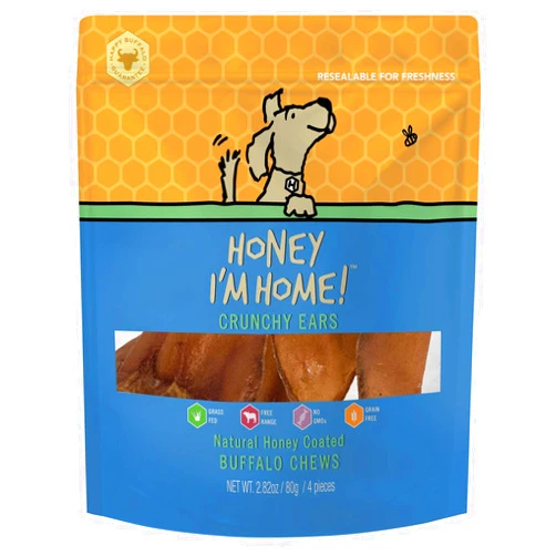 Honey I'm Home, Crunchy Ears Buffalo Dog Chews, 4 Pieces - All Natural, Free Range, Healthy, Grain Free, Honey Coated & Crunchy