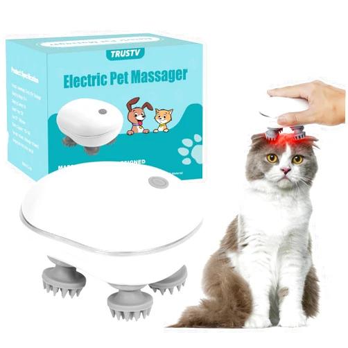 TRUSTV Electric Cat Massager, Handheld Pet Massager for Indoor Cats and Dogs with Red Light, Cat Head and Back Massager Tool for Relieve Anxiety Stress, Tight Muscles and Stiffness with 4 Massage Heads