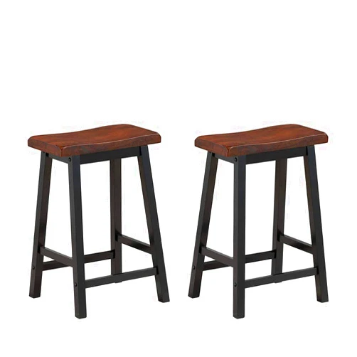 COSTWAY Saddle Stools Set of 2, 24-inch Height Vintage Counter Height Chairs with Solid Wood Legs, Modern Backless Design Indoor Bar Stools for Kitchen, Dining, Pub and Bistro, Brown
