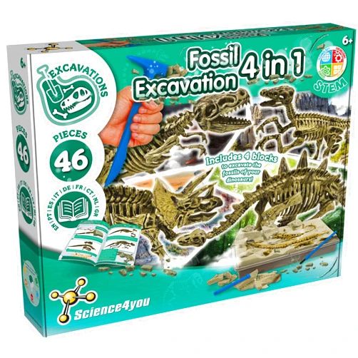 Science4you Dinosaur Fossil Excavation Kit 4 in 1 - Fossil Digging Kit for Kids, Build 4 Dinosaur Fossils, 46 Pieces, Archeology Set, Hunting Kit - Dinosaur Toys, Games for Boys and Girls Age 6+